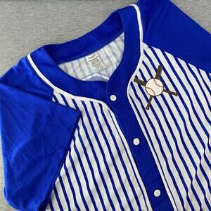 Adult Baseball Player Costume Jersey Blue White Striped Button Up‎ Halloween XL